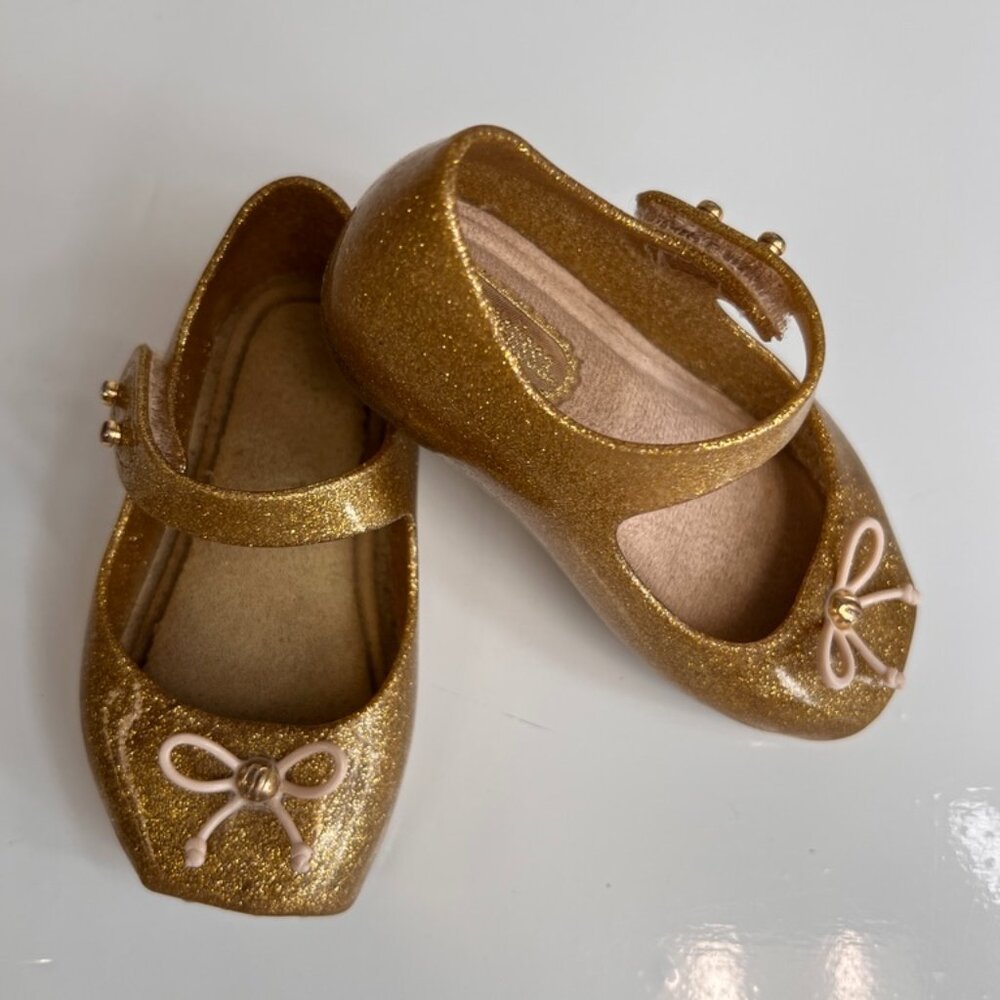 Mini Melissa Gold Glitter Mary Jane Flats with Bow